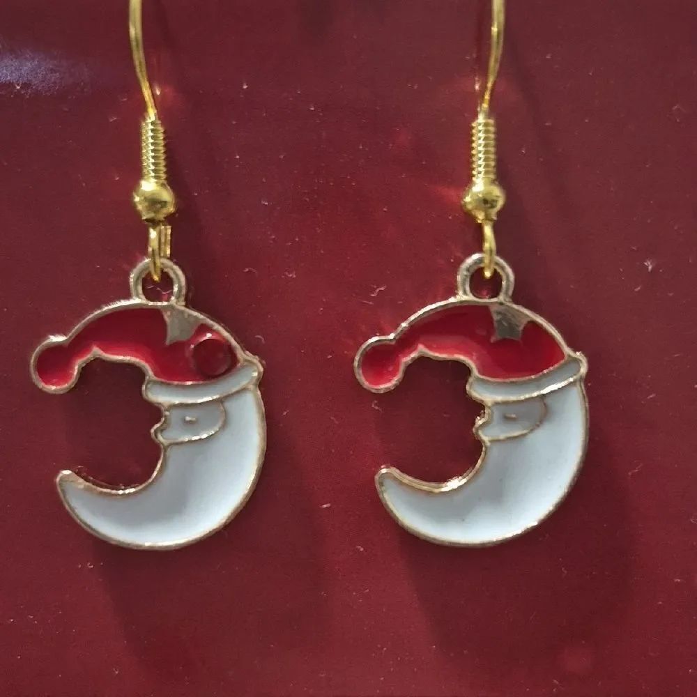 Santa Moon Dangle Earrings | Red Enamel Gold Tone Crescent Jewelry